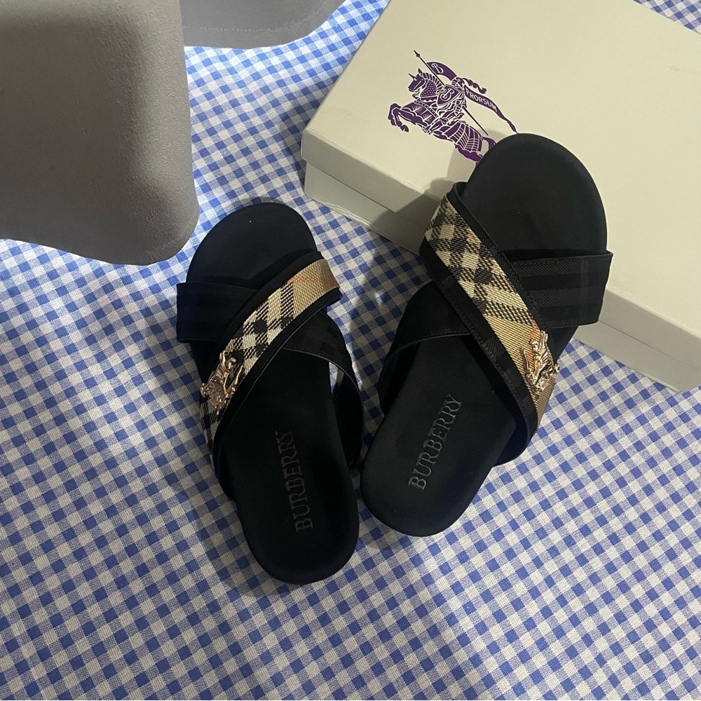 Burberry Black Sandals with Classic Beige Check Straps